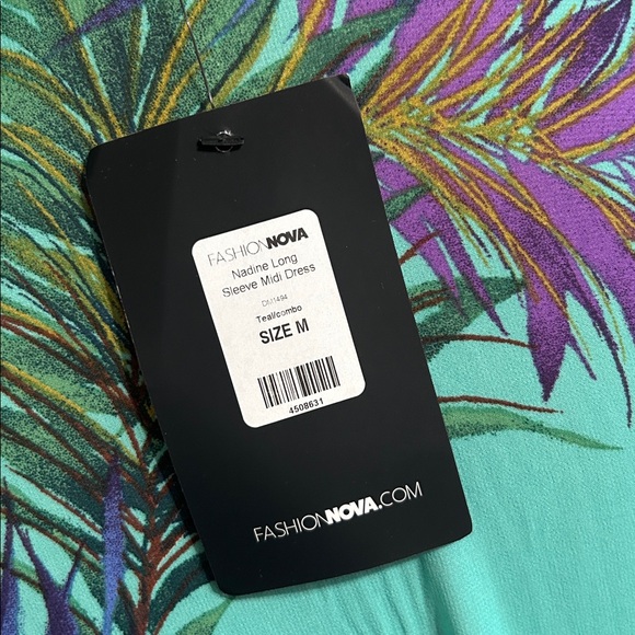 Fashion Nova Teal Tropical Midi Dress with Purple & Blue Palm Print - Picture 6 of 8